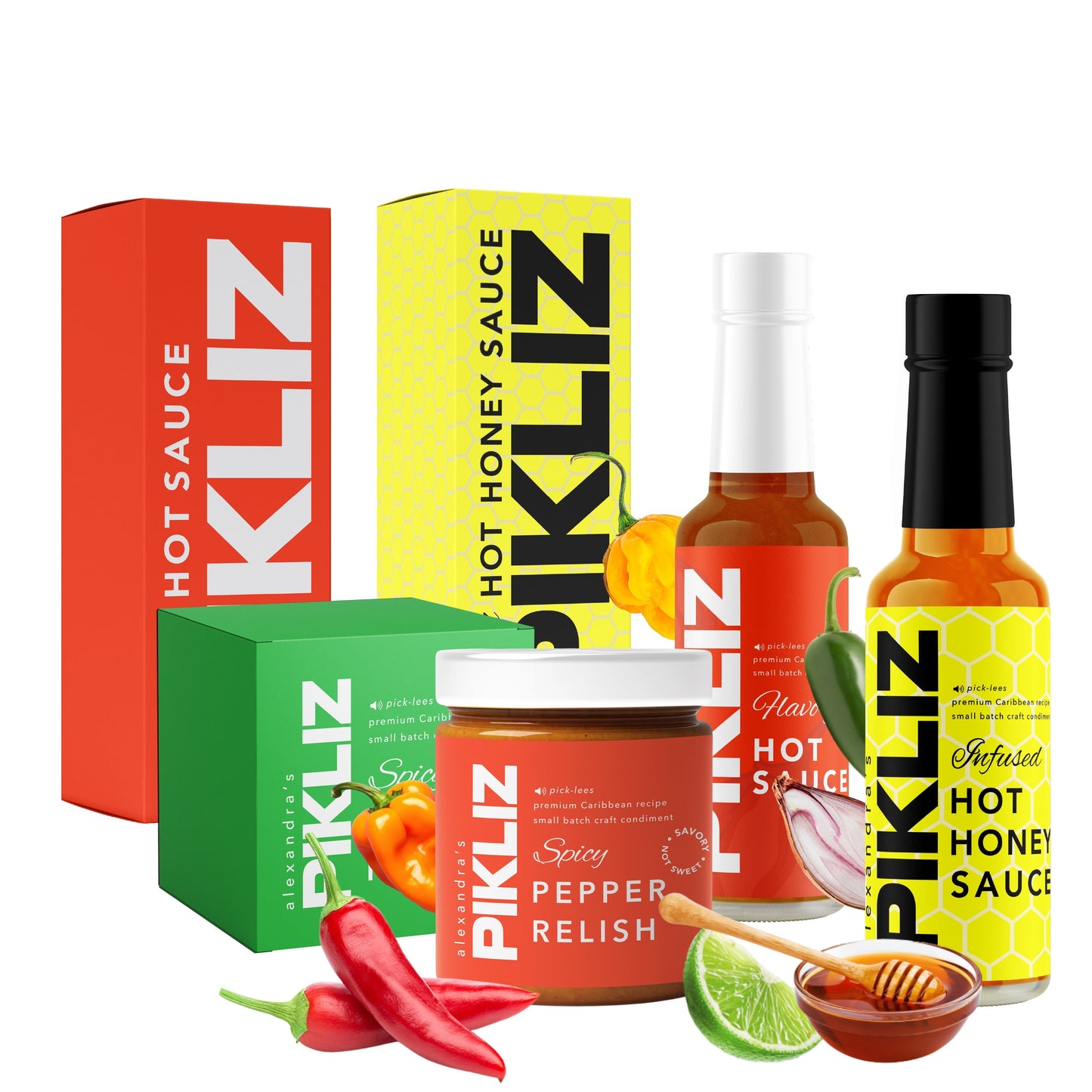 Alexandra’s Pikliz® Spicy Pepper Relish, Pikliz Hot Sauce, and Pikliz Hot Honey Sauce shown side by side to compare texture, flavor, and use
