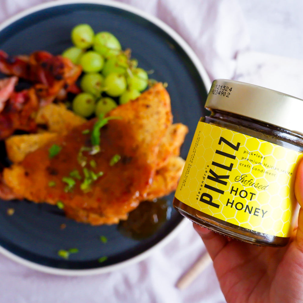 French Toast with Bacon served with Alexandra’s Pikliz Infused Hot Honey