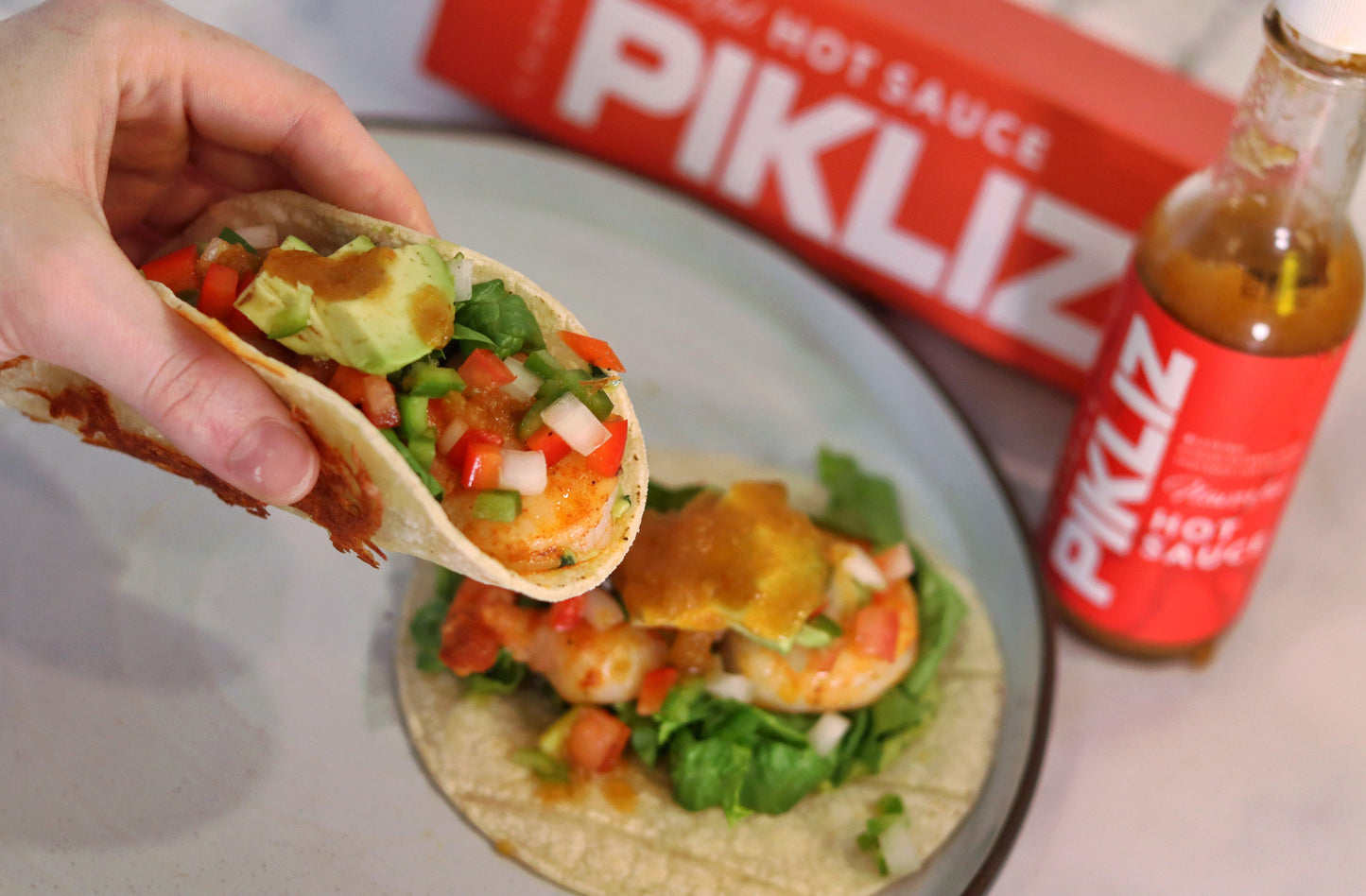 Shrimp tacos with Alexandra's Pikliz Hot Sauce