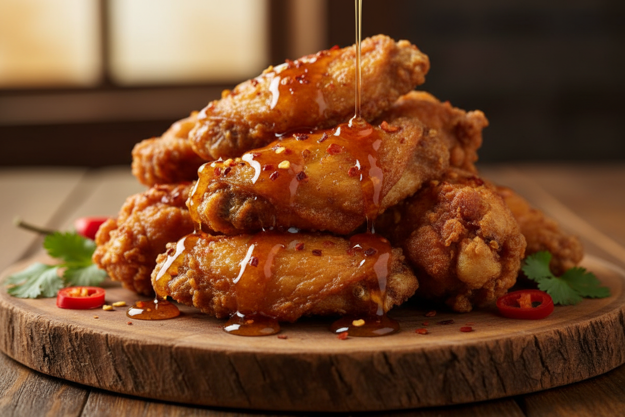 Hot Honey Sauce drizzled on chicken wings | Alexandra's Pikliz®