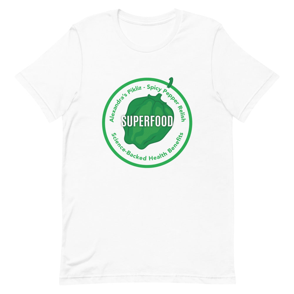 Unleash your love for superfoods with Alexandra's Pikliz Superfood white t-shirt